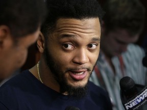 New England Patriots strong safety Patrick Chung speaks with reporters in the NFL football team's locker room, Monday, Jan. 8, 2018, at Gillette Stadium, in Foxborough, Mass. The Patriots are scheduled to host the Tennessee Titans in the AFC divisional round game, Saturday, Jan. 13, 2018, in Foxborough.