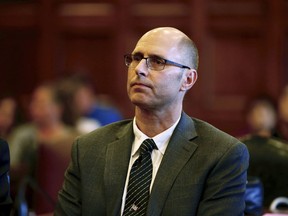 FILE - In this Oct. 21, 2016, file photo, Gregory Nisbet listens to Justice Thomas Warren during his trial in Portland, Maine. Nisbet, the landlord who was convicted following a fatal fire in Maine, is due to file a brief in his appeals case. Nisbet was convicted of code violations stemming from the November 2014 fire, which killed six people in Portland.