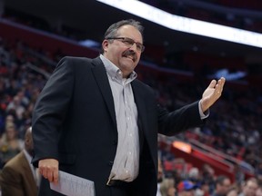 Detroit Pistons coach Stan Van Gundy argues a call during the first half of the team's NBA basketball game against the Washington Wizards, Friday, Jan. 19, 2018, in Detroit.