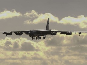 A B-52H Stratofortress bomber prepares to land at Andersen Air Force Base, Guam, on January 16, 2018.