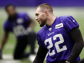 Minnesota Vikings safety Harrison Smith stretches during practice Thursday, Jan. 18, 2018, in Eden Prairie, Minn., for the upcoming NFC Championship football game in Philadelphia.