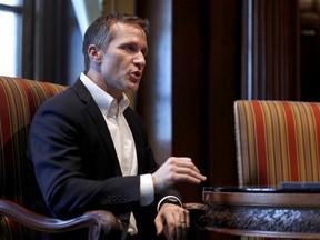 Missouri Gov. Eric Greitens speaks during an interview in his office at the Missouri Capitol Saturday, Jan. 20, 2018, in Jefferson City, Mo. Greitens discussed having an extramarital affair in 2015 before taking office.