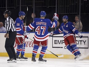 New York Rangers right wing Rick Nash (61) celebrates with teammates after scoring a goal against the Buffalo Sabres during the first period of an NHL hockey game Thursday, Jan. 18, 2018, in New York.