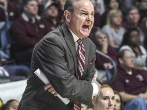 Mississippi State coach Vic Schaefer yells instructions during an NCAA college basketball game against Mississippi in Oxford, Miss., Sunday, Jan. 28, 2018.
