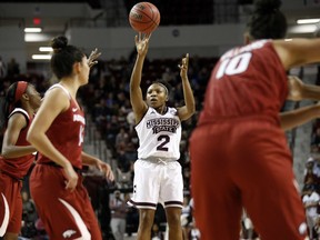 Mississippi State guard Morgan William (2) shoots against Arkansas during the first half of an NCAA college basketball game in Starkville, Miss., Thursday, Jan. 4, 2018.