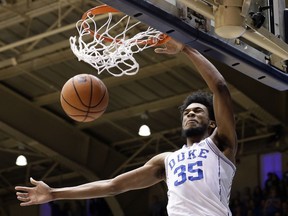 Duke's Marvin Bagley III (35) dunks against Wake Forest during the first half of an NCAA college basketball game in Durham, N.C., Saturday, Jan. 13, 2018.