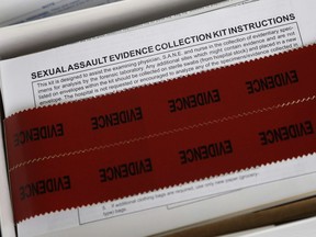 This Tuesday, Dec. 12, 2017 photo shows a sexual assault evidence collection kit at Rape Crisis Volunteers of Cumberland County in Fayetteville, N.C. Hundreds of kits that had been collected have been thrown away by Fayetteville police. Years after the kits were discarded, Fayetteville police have been working with a crisis group to call the victims and tell them what happened.