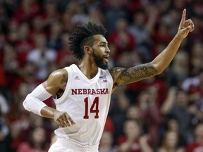 Nebraska's Isaac Copeland reacts after scoring three points during the first half of an NCAA college basketball game against Iowa in Lincoln, Neb., Saturday, Jan. 27, 2018.