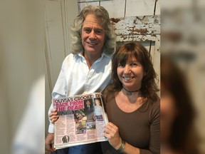 A Manitoba man says he has been mistaken for a missing boyfriend of famed singer and actress Olivia Newton-John.Wes Stobbe says a photo of him snapped in Mexico in October has been printed in several gossip tabloids, including Star magazine and the National Enquirer. Here, Stobbe and his wife Bridget Shaw hold up a copy of a tabloid paper in an undated handout photo.
