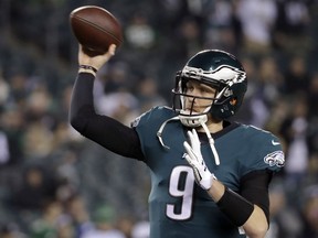 Philadelphia Eagles quarterback Nick Foles warms up before the NFL football NFC championship game against the Minnesota Vikings Sunday, Jan. 21, 2018, in Philadelphia.