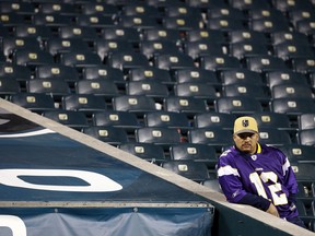 A Minnesota Vikings fan looks out after the NFL football NFC championship game against the Philadelphia Eagles Sunday, Jan. 21, 2018, in Philadelphia. The Eagles won 38-7 to advance to Super Bowl LII.