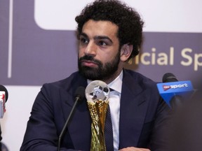 Mohamed Salah attends a news conference after winning the African Player of the Year award at the Confederation of African Football awards ceremony in Accra, Ghana, Thursday Jan. 4, 2018. Salah won the reward for success on all fronts in 2017 for the Egypt forward after he inspired his country to a long-awaited World Cup place and had a phenomenal start to his career at Liverpool.