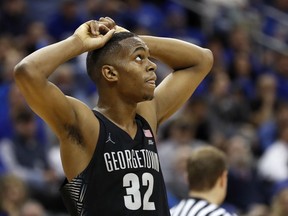 Georgetown guard Kaleb Johnson reacts against Seton Hall during the second half of an NCAA college basketball game, on Saturday, Jan. 13, 2018, in Newark, N.J. Seton Hall won 74-61.