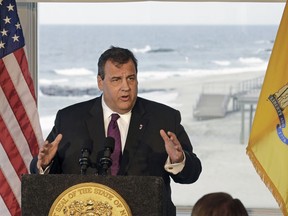 FILE - In this April 18, 2013, file photo, New Jersey Gov. Chris Christie discusses employment and homeowner rebates while addressing a gathering near the Atlantic Ocean in Long Branch, N.J. New Jersey will say farewell to Christie on Tuesday, Jan. 16, 2018, as the blunt-talking Republican governor leaves office and a wealthy former Obama administration diplomat and businessman, Democrat Phil Murphy, is sworn in as governor during a ceremony in Trenton, N.J.