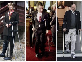 FILE – Republican Chris Christie left the New Jersey governor's office with his popularity in tatters, but at least he didn't break a leg. This combination of file photos shows New Jersey Gov. Christine Todd Whitman, left, leaning on crutches while answering questions about surgery that removed a plate from her right leg implanted after a skiing accident in Switzerland, during a Nov. 8, 1999, ceremony at the Old Barracks in Trenton, N.J.; New Jersey Gov. James E. McGreevey, center, who broke his left leg while vacationing in Cape May, N.J., using crutches as he leaves a lectern following a Feb. 6, 2002, news conference at the Statehouse in Trenton, N.J.; and New Jersey Gov. Jon S. Corzine, right, who was seriously injured in an automobile accident on April 12, 2007, using crutches to walk down the steps of Drumthwacket, the official governor's residence, on May 7, 2007, in Princeton, N.J. (AP Photos, File)