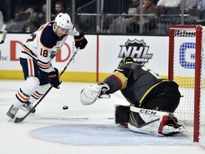 Edmonton Oilers center Ryan Strome (18) shoots against Vegas Golden Knights goalie Marc-Andre Fleury during the first period of an NHL hockey game Saturday, Jan. 13, 2018, in Las Vegas.