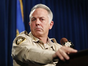 Clark County Sheriff Joe Lombardo discusses the Route 91 Harvest Festival mass shooting during a news conference at the Las Vegas Metropolitan Police Department headquarters, Friday, Jan. 19, 2018, in Las Vegas. Lombardo released a preliminary report on the investigation of the shooting that became the deadliest mass shooting in modern U.S. history.