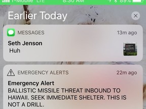 This smartphone screen capture shows a false incoming ballistic missile emergency alert sent from the Hawaii Emergency Management Agency system on Saturday, Jan. 13, 2018.