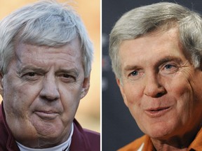 FILE - At left is an Oct. 15, 2011, file photo showing then-Virginia Tech head football coach Frank Beamer. At right is a July 25, 2011, file photo showing then-Texas head coach Mack Brown. Coaches Frank Beamer and Mack Brown have been selected for induction into the College Football Hall of Fame, announced Monday, Jan. 8, 2018, part of a class of 13 that also includes former players Ed Reed and Calvin Johnson. (AP Photo/File)