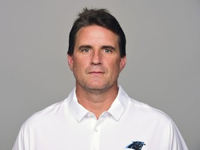 FILE - This is a May 4, 2017, file photo showing Carolina Panthers NFL football team offensive coordinator Mike Shula. The Panthers fired offensive coordinator Mike Shula and quarterbacks coach Ken Dorsey, Tuesday, Jan. 9, 2018, two days after a playoff loss to the New Orleans Saints. Shula spent seven seasons with Carolina, working as the quarterbacks coach before being promoted to offensive coordinator in 2013. (AP Photo/File)