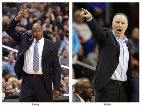 FILE - These file photos show Georgetown coach Patrick Ewing, left, on Nov. 12, 2017, and St. John's coach Chris Mullin on Dec. 31, 2017. In a throwback to their Big East days of the 1980s, Ewing and Mullin squared off as coaches of their alma maters when Georgetown played St. John's on Tuesday, Jan. 9, 2018. Ewing, a former Knicks great, is returning to Madison Square Garden for the first time as the Hoyas' coach. (AP Photos/File)