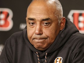 FILE - In this Sunday, Dec. 10, 2017, file photo, Cincinnati Bengals head coach Marvin Lewis speaks during a news conference following an NFL football game against the Chicago Bears in Cincinnati. This could be the final game for Lewis as Cincinnati's head coach, now in his 15th season with the Bengals. Lewis brushed aside that he's preparing to move on, insisting that his future is secondary to guiding Cincinnati to an upset. "I'm not going to reflect if this is my last game or not," Lewis said. "You never know when the last game is, so I don't do any reflection."