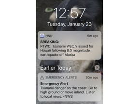 This screenshot shows alerts for a tsunami watch early Tuesday, Jan. 23, 2018, after an earthquake struck off Alaska's Kodiak Island prompting a tsunami warning for a large swath of the state's coast. Officials at the National Tsunami Center canceled the warning after a few tense hours after waves failed to show up in coastal Alaska communities. (AP Photo)