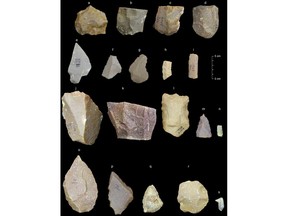 This image provided by the Sharma Centre for Heritage Education, India in January 2018 shows a sample of artifacts from the Middle Palaeolithic era found at the Attirampakkam archaeological site in southern India. The discovery of stone tools at the site shows a style that has been associated elsewhere with our species. They were fashioned from 385,000 years ago to 172,000 years ago, showing evidence of continuity and development over that time. That starting point is a lot earlier than scientists generally think Homo sapiens left Africa.