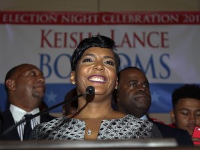 FILE - In this Dec. 6, 2017, file photo, Atlanta mayoral candidate Keisha Lance Bottoms talks during an election-night watch party in Atlanta. Bottoms, Atlanta's new mayor, will be sworn into office during a ceremony at Morehouse College on Tuesday, Jan. 2, 2018.