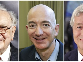 This combination of photos from left shows Warren Buffett on Sept. 19, 2017, in New York, Jeff Bezos, CEO of Amazon.com, on Sept. 24, 2013, in Seattle and JP Morgan Chase Chairman and CEO Jamie Dimon on July 12, 2013, in New York. Buffett's Berkshire Hathaway, Amazon and the New York bank JPMorgan Chase are teaming up to create a health care company announced Tuesday, Jan. 30, 2018, that is "free from profit-making incentives and constraints." (AP Photos)