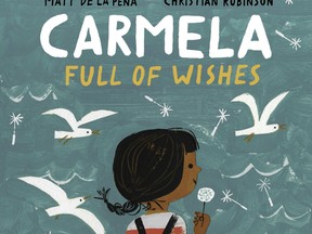 This book cover released by Penguin Young Readers shows author Matt de la Pena's book "Carmela Full of Wishes." A collaboration with illustrator Christian Robinson, the book tells the story of a young "Dreamer" who lives in a migrant community "steeped" in Mexican culture. The book is scheduled for Oct. 9, 2018. (Christian Robinson/Courtesy of Penguin Young Readers via AP)