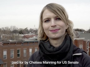 This frame from video released by the Chelsea Manning Senate campaign on Sunday, Jan. 14, 2018 shows Chelsea Manning in a campaign video. Manning on Sunday confirmed via Twitter that she is a candidate for U.S. Senate. (Chelsea Manning For US Senate via AP)