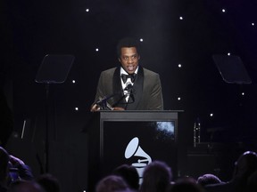 Honoree Jay-Z speaks onstage at the 2018 Pre-Grammy Gala And Salute To Industry Icons at the Sheraton New York Times Square Hotel on Saturday, Jan. 27, 2018, in New York.