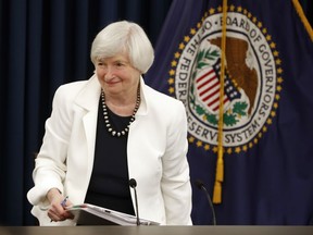 FILE - In this Wednesday, Sept. 20, 2017, file photo, Federal Reserve Chair Janet Yellen gets up from her seat at the conclusion of a news conference following the Federal Open Market Committee meeting in Washington. Yellen, the first woman to lead the world's most influential central bank, will step down when her term expires on Feb. 3, 2018. She will be succeeded by Fed board member Jerome Powell.