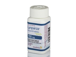 This photo provided by AstraZeneca shows a bottle of Lynparza. On Friday, Jan. 12, 2018, the Food and Drug Administration approved AstraZeneca PLC's Lynparza, the first drug aimed at women with advanced breast cancer caused by an inherited flawed gene.