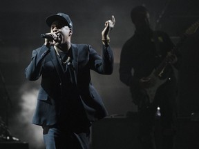 FILE - In this Nov. 4, 2016 file photo, Jay-Z performs during a campaign rally for Democratic presidential candidate Hillary Clinton in Cleveland. Music executive Lyor Cohen says hip-hop should dominate the top categories at the upcoming Grammys. Cohen spoke with The Associated Press on Thursday, Jan. 18, 2018, about the Recording Academy giving rap a "deserving" chance. Both Jay-Z and Kendrick Lamar are nominated for album and record of the year.  Jay-Z, the leading nominee with eight, is also nominated for song of the year.