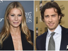 In this combination photo, Gwyneth Paltrow attends the WSJ. Magazine 2017 Innovator Awards in New York on Nov. 1, 2017, left, and executive producer/writer Brad Falchuk appears at the premiere of "American Horror Story: Hotel" in Los Angeles on Oct. 3, 2015. Paltrow, 45, announced her engagement to Falchuk on Instagram on Monday, Jan. 8, 2018. (Photos by Evan Agostini, left, and Chris Pizzello/Invision/AP)