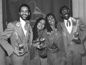 FILE - In this Feb. 16, 1979 file photo, members of the group Taste of Honey, from left, Perry Kibble, Janice Johnson, Hazel Payne and Donald Johnson hold their Grammy awards for best new artist during the award show in Los Angeles. The group beat other nominees, Elvis Costello, The Cars, Toto and Chris Rea.