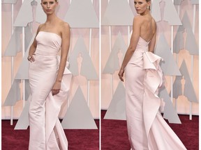 This combination photo shows two angles of model Karolina Kurkova wearing a Marchesa gown at the Oscars in Los Angeles on Feb. 22, 2015. The luxe womenswear brand Marchesa may not survive the horrors of Harvey Weinstein, the estranged husband of co-founder Georgina Chapman. The company on Wednesday, Jan. 31, 2018, canceled its scheduled Feb. 14 show at New York Fashion Week after a decade of presenting collections there. And there's been a Marchesa blackout on red carpets as awards season winds down.