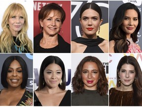 This combination photo shows, top row from left, Rosanna Arquette, SAG-AFTRA President Gabrielle Carteris, Mandy Moore, Olivia Munn and bottom row from left, Niecy Nash, Gina Rodriguez, Maya Rudolph and Marisa Tomei, who will present awards at Sunday's Screen Actors Guild Awards. (AP Photo)