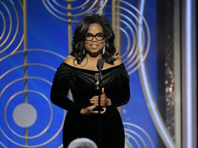 This image released by NBC shows Oprah Winfrey accepting the Cecil B. DeMille Award at the 75th Annual Golden Globe Awards in Beverly Hills, Calif., on Sunday, Jan. 7, 2018.