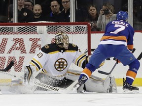 New York Islanders' Jordan Eberle (7) shoots the puck past Boston Bruins goaltender Tuukka Rask for a goal during the first period of an NHL hockey game Tuesday, Jan. 2, 2018, in New York.