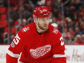 FILE - In this Nov. 30, 2017, file photo, Detroit Red Wings defenseman Mike Green (25) plays against the Montreal Canadiens in the first period of an NHL hockey game in Detroit. The Vegas Golden Knights' unpredictable success has put them in an unexpected spot going into the trade deadline. But Golden Knights general manager George McPhee isn't uneasy about it at all. One of the most available potential deadline pickups is Green.