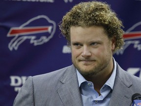 Buffalo Bills center Eric Wood addresses the media during a press conference announcing he has been diagnosed with a career ending neck injury, Monday, Jan. 29, 2018, in Orchard Park, N.Y.