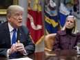 President Donald Trump, accompanied by Secretary of Homeland Security Kirstjen Nielsen, right, speaks during a meeting with Republican Senators on immigration in the Roosevelt Room at the White House in Washington on Jan. 4, 2018.