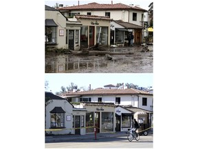 This combination of photos shows debris and mud covering the street in front of local area shops, top, after heavy rain brought flash flooding in Montecito, Calif., on Jan. 9, 2018, and a similar view after clean up on Monday, Jan. 22, bottom.