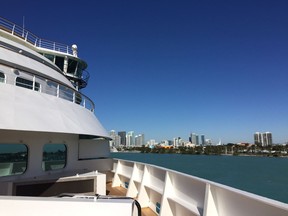 This Jan. 4, 2018 photo shows a view from the deck of the Seabourn Sojourn cruise ship in the port of Miami. A panel of cruise experts from CruiseCritic.com, the Miami Herald and the Cruise Lines International Association gathered on the Sojourn in a forum moderated by The Associated Press to discuss issues and trends in the cruise industry with a live audience of cruise passengers.