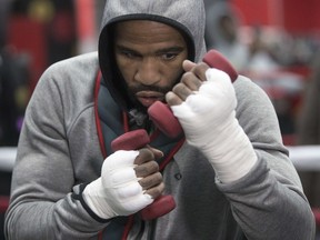 Lamont Peterson warms up during a workout at Gleason's Gym, Wednesday, Jan. 17, 2018, in the Brooklyn borough of New York. Peterson faces Errol Spence Jr. on Saturday in Brooklyn, for Spence's IBF welterweight title.