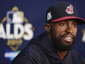 FILE - This Oct. 6, 2017 file photo shows Cleveland Indians' Austin Jackson answering questions during a news conference in Cleveland. Two people with knowledge of the contract say Jackson has agreed to terms on a $6 million, two-year contract with the San Francisco Giants, who are filling their top remaining void of the offseason just a few weeks before pitchers and catchers report to spring training. Jackson will earn $3 million per season, the two people said Monday, Jan. 22, 2018 speaking on condition of anonymity because nothing had been announced.