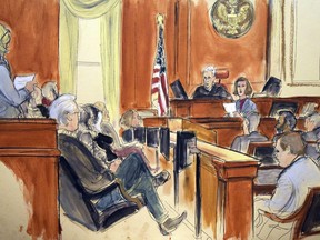 In this courtroom sketch, the jury foreperson reads the verdict as defendant Mehmet Atilla, foreground far right, listens at the United States Courthouse in New York, Wednesday, Jan. 3, 2018. Atilla was convicted on charges that he took part in a complex scheme in which Iran traded its oil and gas for gold, with some of the proceeds moved through U.S. financial institutions without their knowledge. Atilla's attorney Victor Rocco foreground second left, and Judge Richard Berman is seated on the bench.